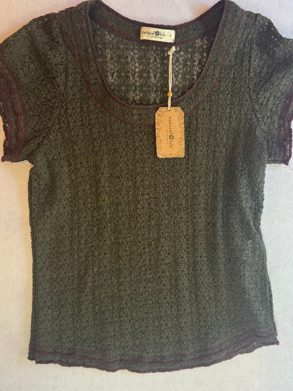 Forest Fairy Natural Life Ashley Semi Sheer Short Sleeve Lace Top Olive Sm NWT